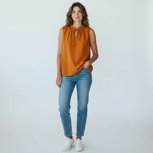 41 Hawthorn Mustard Yellow Gold Sleeveless V Neck Tie Front Dressy Blouse size L